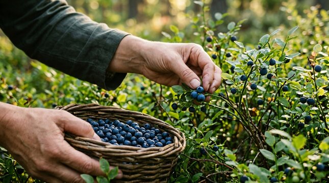 Woman farmer harvesting fresh blueberries in orchard. Girl with wicker basket gathering ripe berries on summer farm. Agriculture garden work, organic food production and healthy harvest.