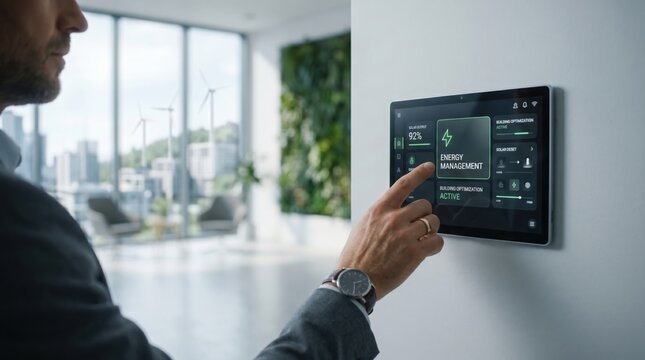 Man using wall mounted smart home control panel to manage energy consumption and solar power settings, optimizing renewable electricity usage in modern sustainable house interior.