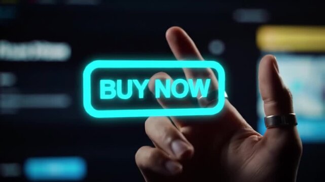 Finger touching glowing buy now button on digital interface.