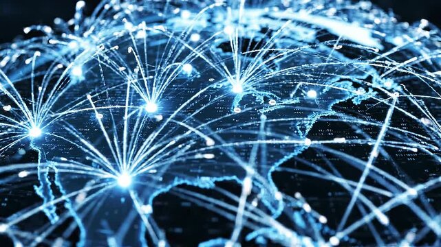 Global digital network connections with glowing data points and bright lines over world map technology concept