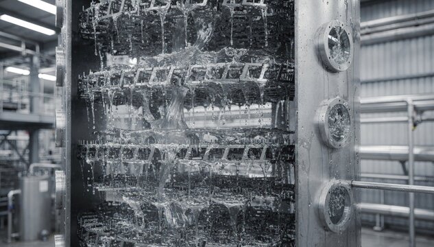 Medium view of a packed distillation column section showing structured packing layers and clear sight glasses for monitoring fluid dynamics.