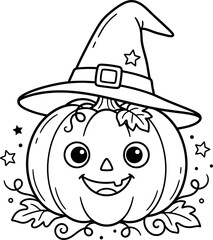 Fototapeta premium Halloween color page cute pumpkin witch illustration for kids coloring activity