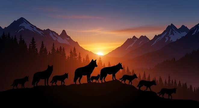 Silhouetted Wolf Pack Walking Across Mountain Ridge at Sunset