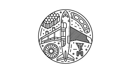 Industrial Black and White of Futuristic Circular Design Featuring Spacecraft Aircraft Factory and City Elements © rian