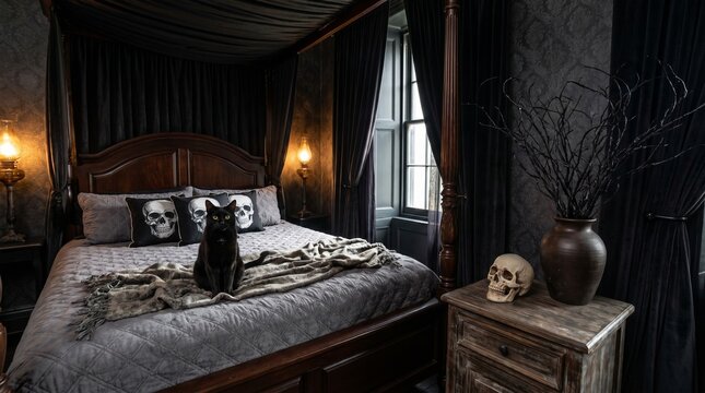 Luxury gothic bedroom canopy bed with a black cat sitting