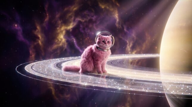 Pink cat wearing astronaut helmet sitting on planet rings in outer space