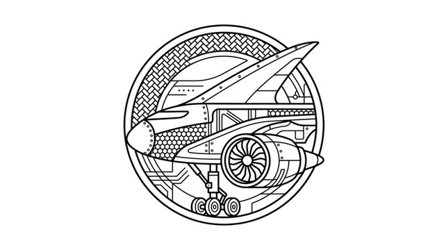 Modern Black and White Line Art of a Jet Aircraft Inside a Circular Frame with high quality professional line art symbols for modern creative design and digital branding projects