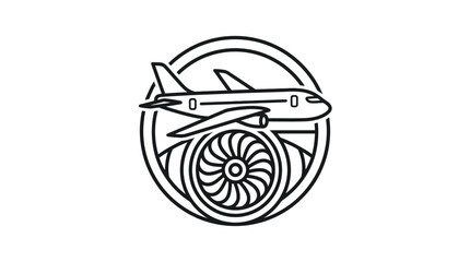 Industrial Black and White Line Drawing of Jet Engine and Aircraft Inside Circular Border with high quality professional line art symbols for modern creative design and digital branding projects © rian