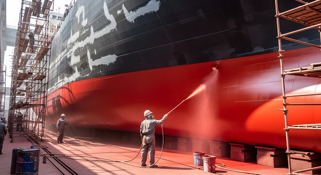 Industrial workers painting the hull of a large ship in a dry dock. Men in protective gear using spray guns to apply red paint to a maritime vessel. Shipyard maintenance and repair
