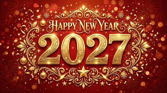 Happy new year 2027 elegant gold text with glittery holiday baubles on textured red background.
