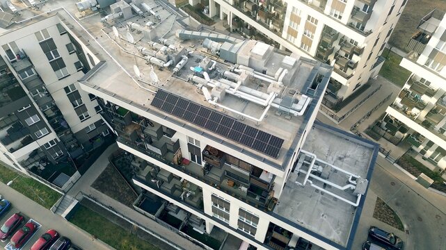 Aerial view of eco-friendly solar powered building
