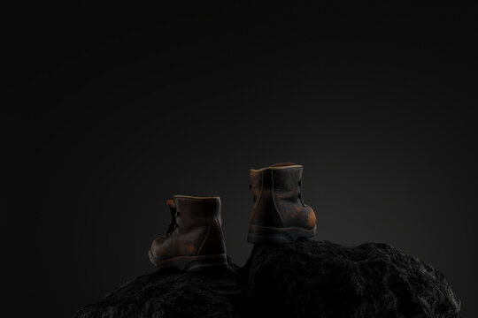 3d rendering of old leather hiking boots laying on large rock in front of grey background