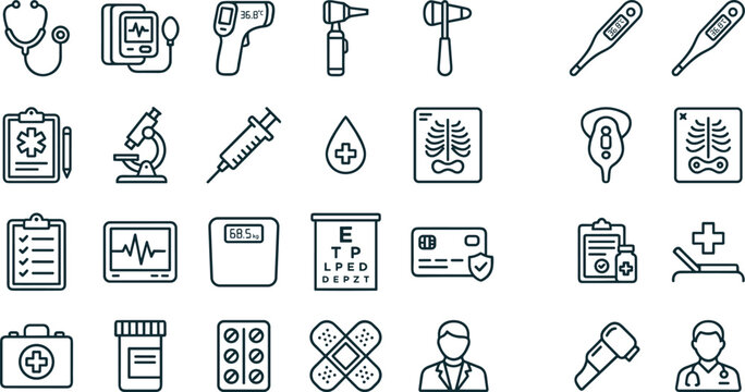 Medical healthcare and diagnostic vector icon set featuring stethoscope, syringe, xray, thermometer, doctor, and hospital treatment symbols