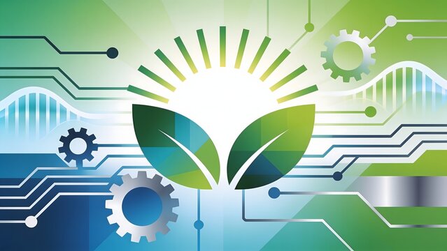 Creative technology illustration of green leaves integrated with circuit boards and gears. This graphic is perfect for bio technology, eco engineering, and sustainable tech topics.