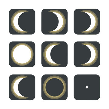 Minimalist set of moon phase icons featuring crescent and circular shapes in flat gray and yellow on a white background, lunar cycles design concept