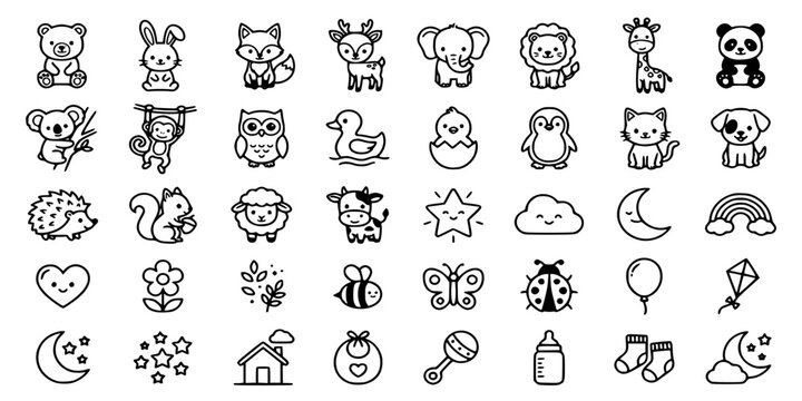 Cute Baby Animals and Nursery Line Icon Set. Vector Outline Icons of Cartoon Woodland Wildlife, Farm Animals, Rainbow, Moon, Stars, and Newborn Baby Essentials