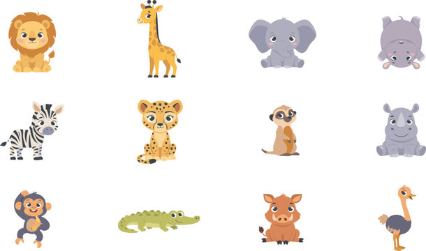 Cute cartoon baby safari animals character vector illustration set featuring lion giraffe elephant hippo zebra leopard meerkat rhino monkey crocodile warthog and ostrich.