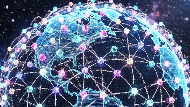Digital global network connection with glowing data points and futuristic technology visualization
