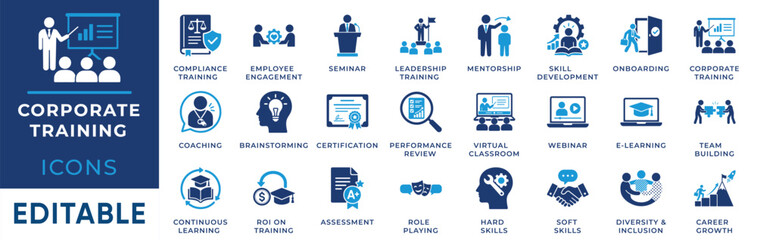 Corporate Training and Employee Development Solid Icon Set © MS -Studio