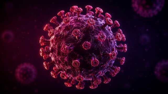 Rotating violet virus cell microscopic, dangerous pathogen and disease immunology medical concept 3D animation