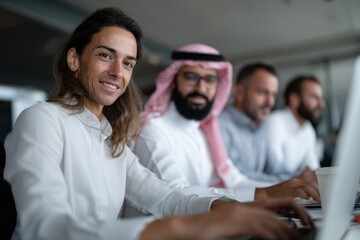 Obraz premium Side View Successful Mixed Business People Arabic Indian Office Meeting