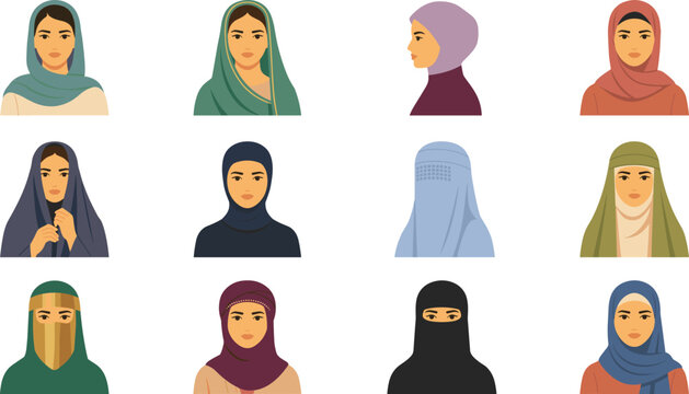 Diverse Muslim women avatar icon set wearing different traditional Islamic headscarves and veils including hijab niqab burqa and chador modest fashion vector illustration.