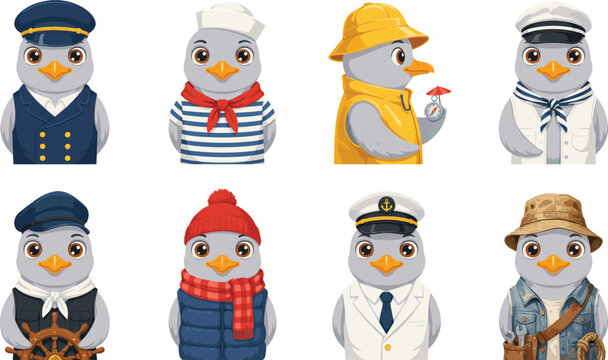 Cute cartoon seagull bird character avatar set wearing nautical outfits sailor uniforms captain hats fisherman gear steering wheel and compass vector illustration.