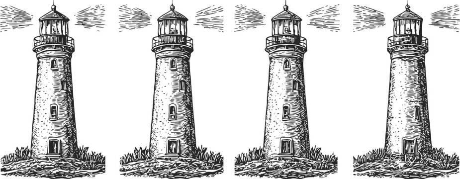 Vintage lighthouse engraving set antique maritime beacon sea coast tower sketches