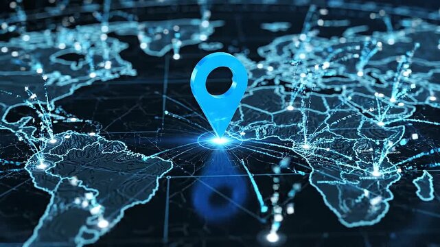 Digital global map with bright blue location marker and radiating circles representing GPS tracking and navigation technology