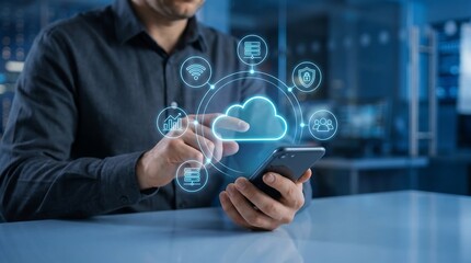 Fototapeta premium Businessman interacting with cloud computing dashboard on smartphone displaying digital network icons for data management and secure server operations