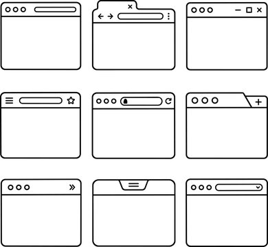 Set of hand drawn web browser window frames and tab interface elements