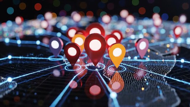 Global digital map with glowing location markers and network connections representing data and technology