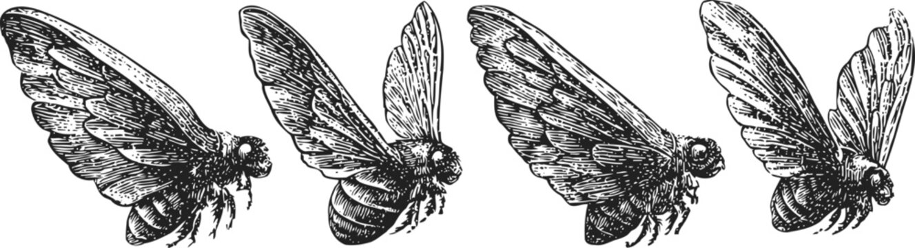Vintage engraving of cicadas in different flight positions detailed insect illustration