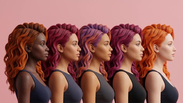 Five diverse women with vibrant, curly hair stand in profile against a pink background, showcasing individuality and beauty.