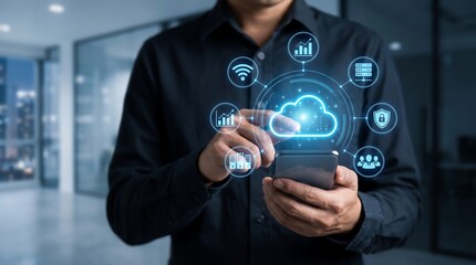 Obraz premium Professional using mobile device to access cloud computing services with integrated data management icons for efficient business operations and secure storage