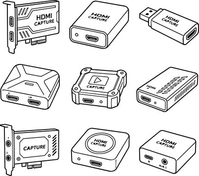 Set of HDMI video capture devices and USB capture dongles in outline style