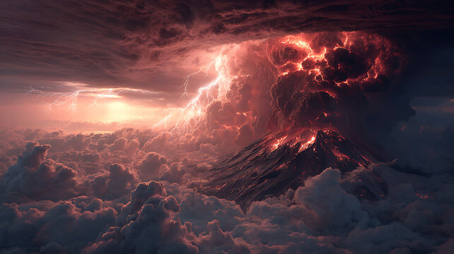 A dramatic volcanic eruption with lightning in a cloudy sky at sunset or sunrise