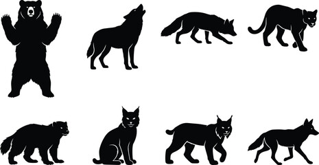 Set of black silhouettes of wild forest animals including bear, wolf, lynx, and wild cat © Designer Arif