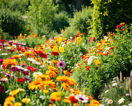 Jardin luxuriant explose de fleurs aux couleurs vibrantes orange, rouge et jaune, massif floral exuberant en ete avec vegetations vertes en arriere-plan, paradis botanique et nature fleurissante