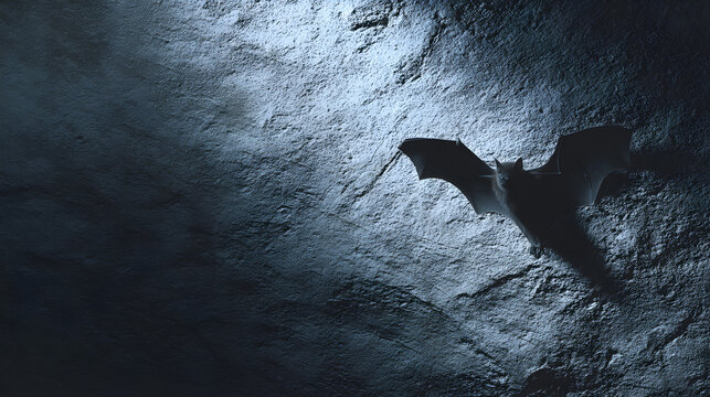 A solitary bat clings to a rugged dark stone cave wall under dramatic moody moonlight creating a mysterious silhouette in the deep shadows of night