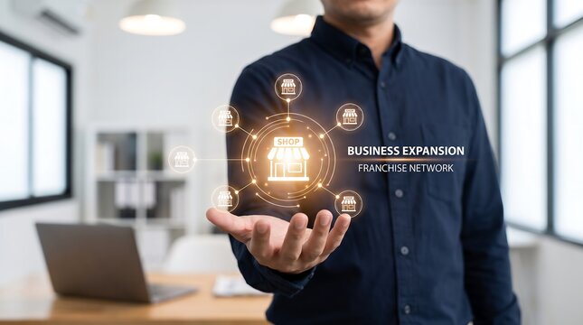 Professional showing franchise network expansion business model with holographic store icons for retail growth and management planning