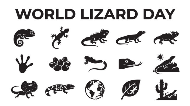 World Lizard Day icon set, black reptile silhouettes and lizard species symbols, 15 vector elements for herpetology and wildlife conservation