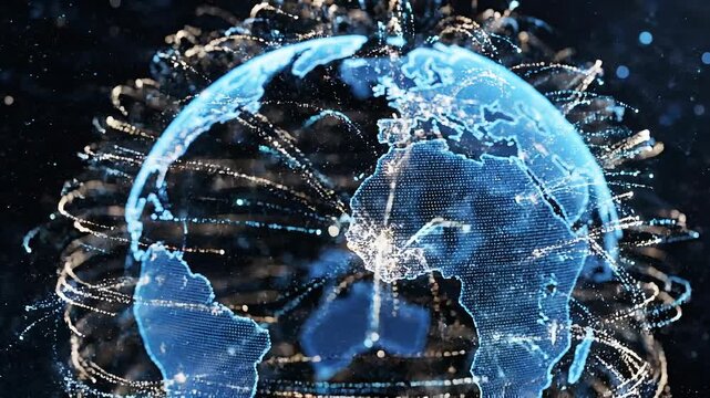 Digital global network connections over a glowing blue Earth map with data points and light trails