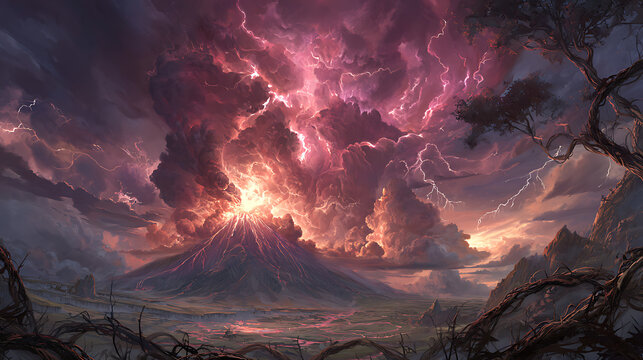 Dramatic volcanic eruption with lightning storm in the background landscape