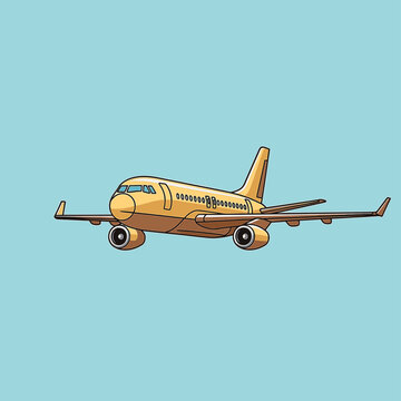 Illustration of a metallic gold twin-engine commercial jet airliner in flight against a solid light blue background. Side profile view showing fuselage, wings with winglets, and tail.