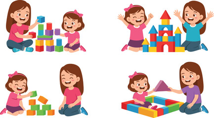 Fototapeta premium Cute cartoon kids or sisters playing with colorful wooden toy blocks together building a castle and towers vector character illustration set.