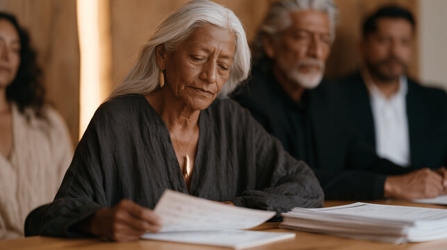 Peruvian homeowner in her sixties sits before a property tax appeal board of three reviewers, reading from handwritten notes, stacked comparable sale documents on the table, the