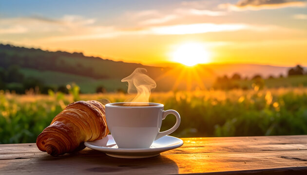 Coffee cup and buttery croissant breakfast with fresh aroma cozy morning cafe lifestyle scene