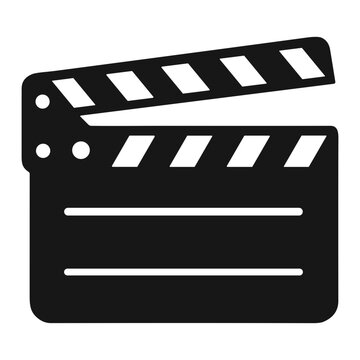 Black silhouette clapperboard slate with hinged striped top open, classic film production clapper used on movie sets for directing and marking scenes during filming