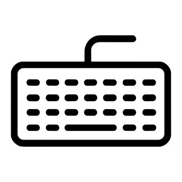 Minimalist black and white outline icon of a wired computer keyboard with rounded frame, stylized keycaps and prominent spacebar, simple monochrome peripheral design illustration